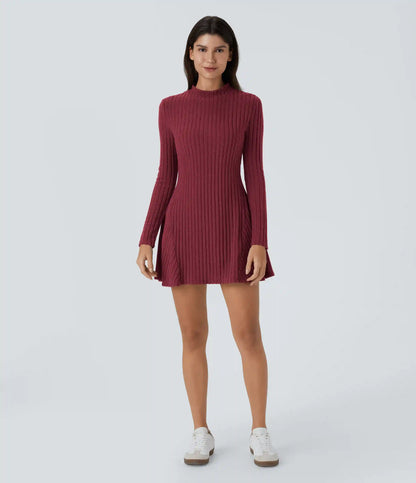 Ribbed Knit Stand Collar Long Sleeve Mini Casual Dress