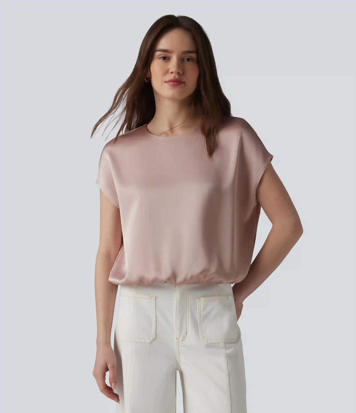Round Neck Keyhole Back Cap Sleeve Satin Work Top
