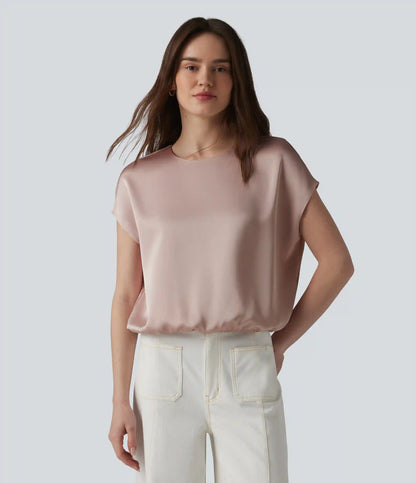 Round Neck Keyhole Back Cap Sleeve Satin Work Top