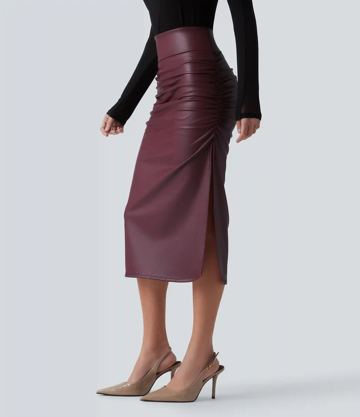 High Waisted Tummy Control Ruched Curved Hem 2-in-1 Fleece PU Midi Casual Skirt