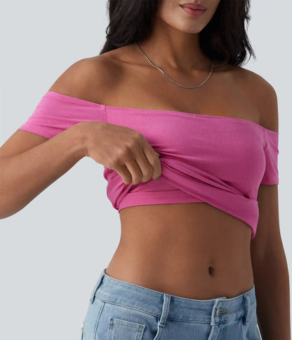 Ribbed Knit Off Shoulder Short Sleeve 2-in-1 Casual Top