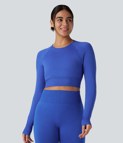 OneForm Seamless Flow Round Neck Long Sleeve Thumb Hole Cropped Yoga Sports Top