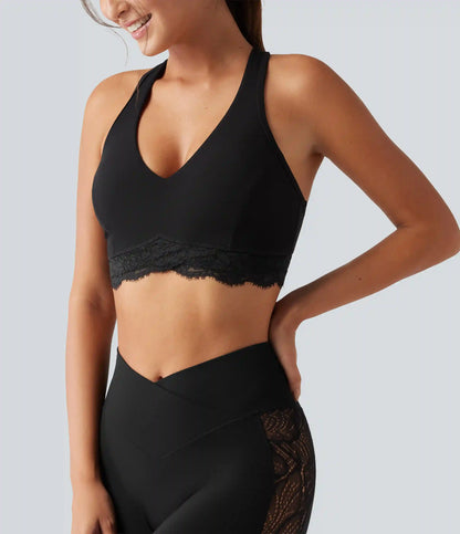 Halara UltraSculpt™ Low Support V Neck Built-in Bra Racerback Contrast Lace Workout Sports Bra