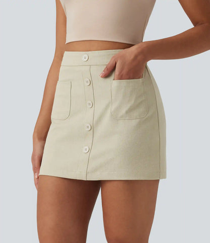 High Waisted Invisible Zipper 2-in-1 Denim Like Bodycon Mini Casual Skirt with Pockets