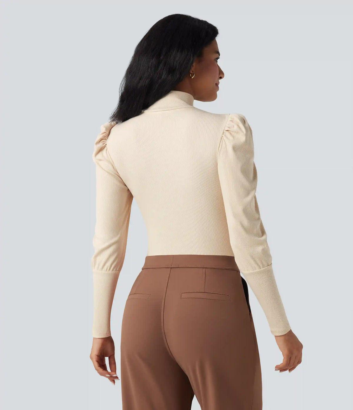 Ribbed Knit High-neck Puff Sleeve Skinny Work Bodysuit