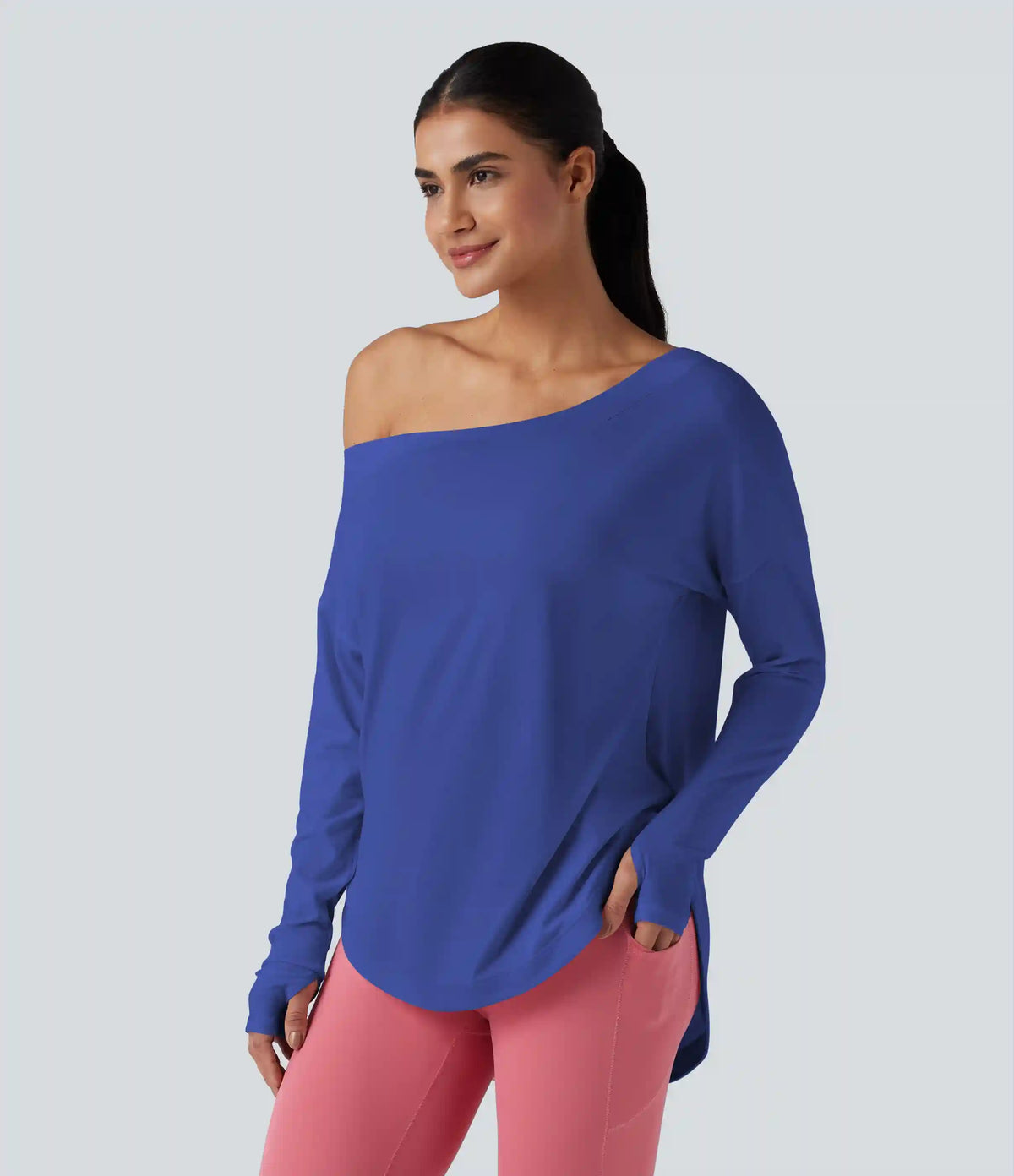 One Shoulder Long Sleeve Thumb Hole Curved Hem High Low Quick Dry Yoga Sports Top-Built-in Bra