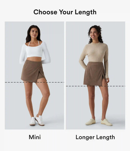 High Waisted Back Zipper Split Hem 2-in-1 Corduroy Casual Skirt-Longer Length