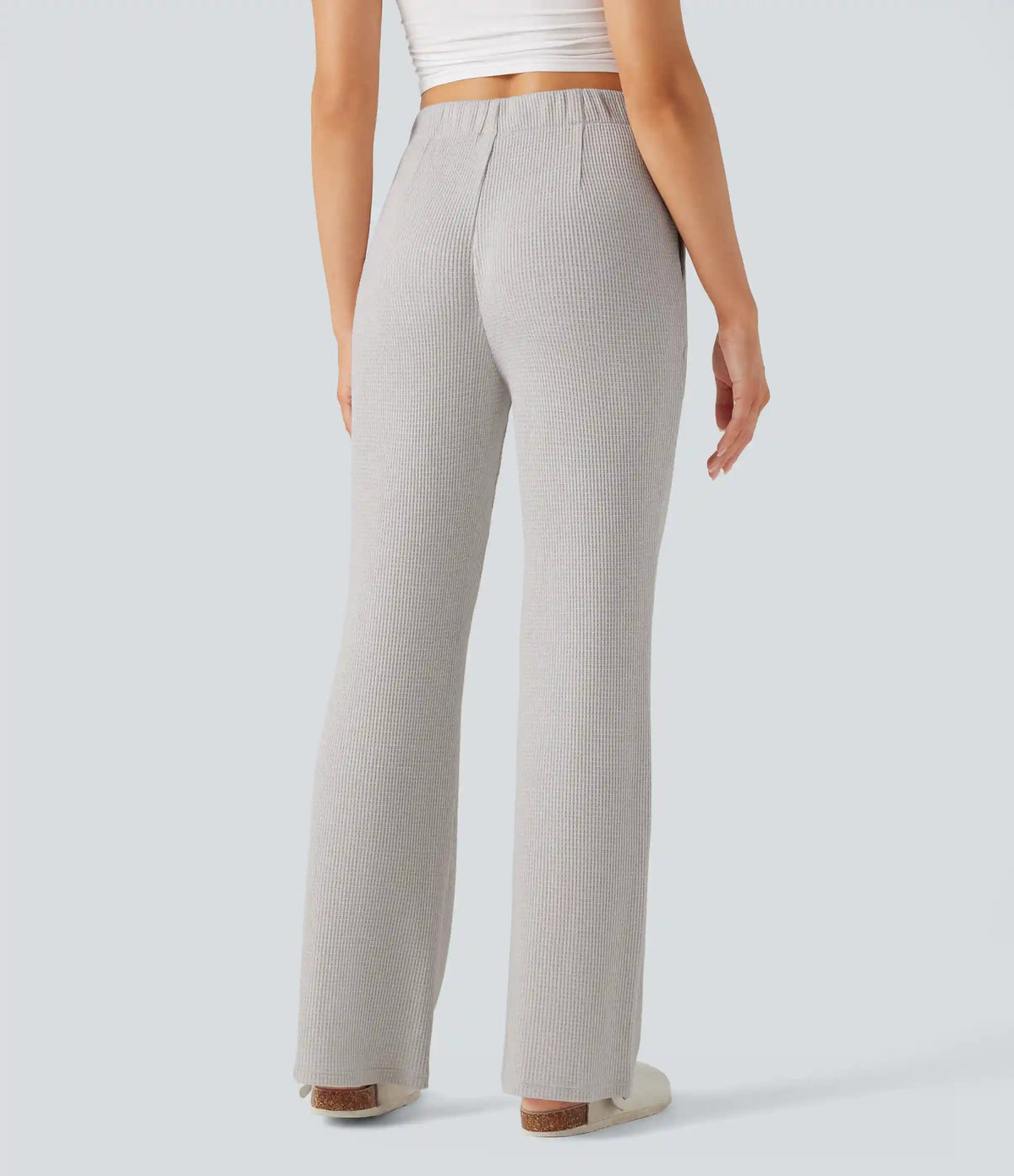 High Waisted Flare Waffle Casual Pants with Pockets