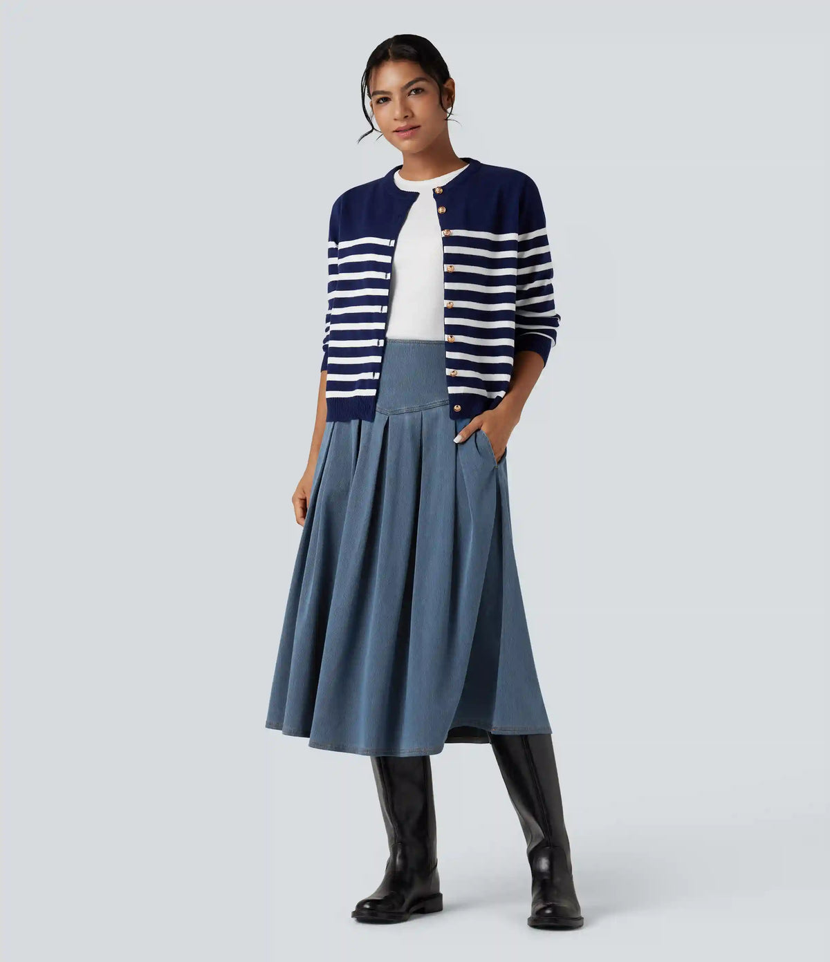 Halara Flex™ High Waisted Tummy Control Pleated Midi Casual Denim Skirt with Pockets