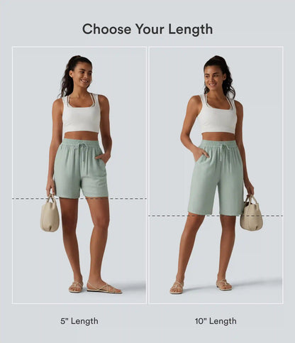 High Waisted Drawstring Casual Linen-Blend Bermuda Shorts 10'' with Pockets