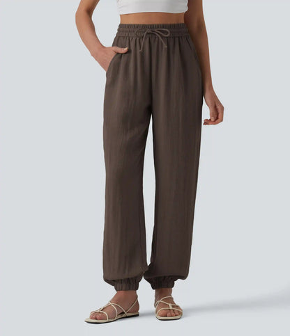 High Waisted Drawstring Wide Leg Casual Linen-Feel Joggers with Pockets