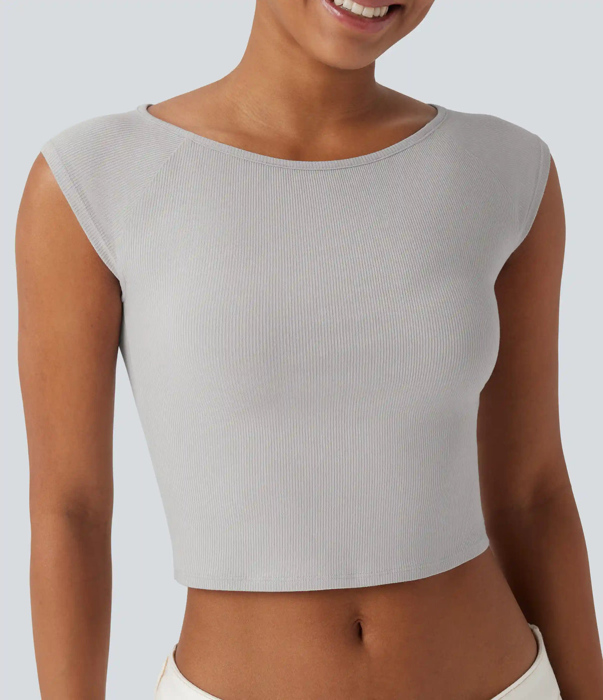 Ribbed Knit Boat Neck Short Sleeve Cropped Casual Top