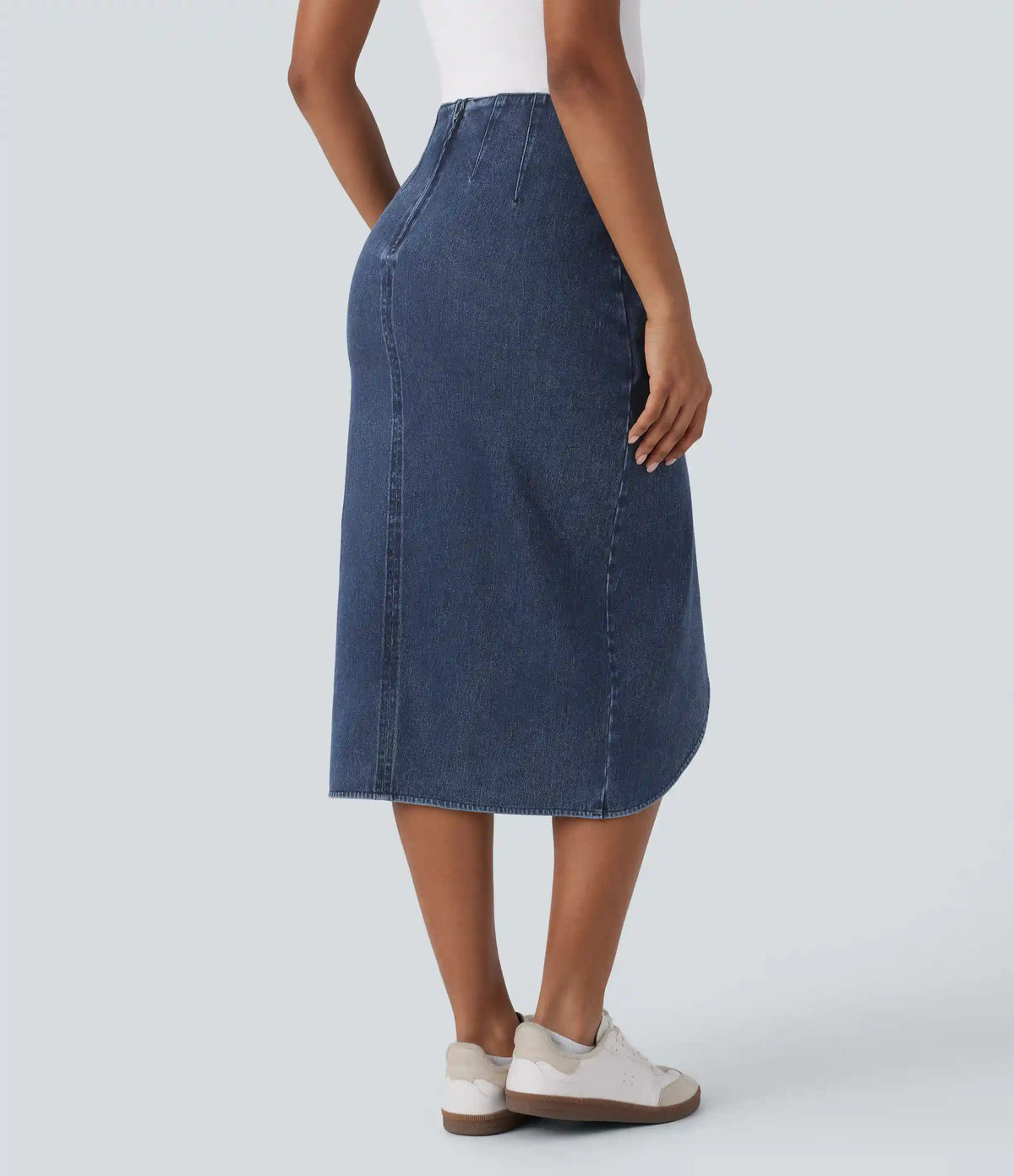 Halara Flex™ High Waisted Back Zipper Ruched Tulip Hem Midi Washed Denim Casual Skirt