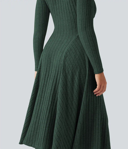 Ribbed Knit V Neck Long Sleeve Flare Midi Casual Dress