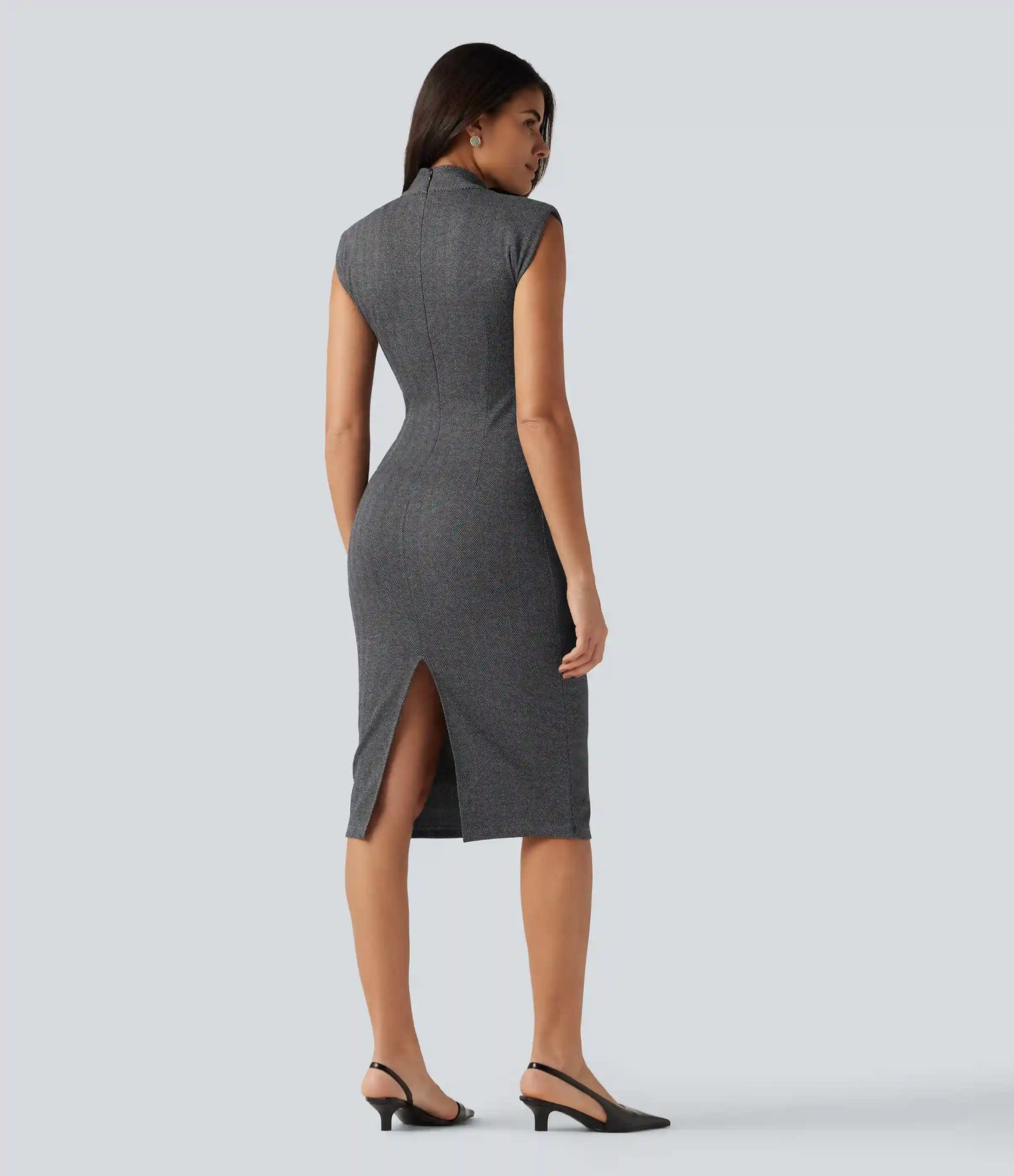 High Neck Sleeveless Bodycon Patterned Midi Work Dress