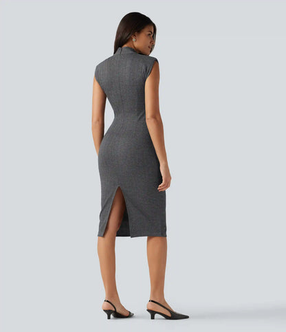High Neck Sleeveless Bodycon Patterned Midi Work Dress