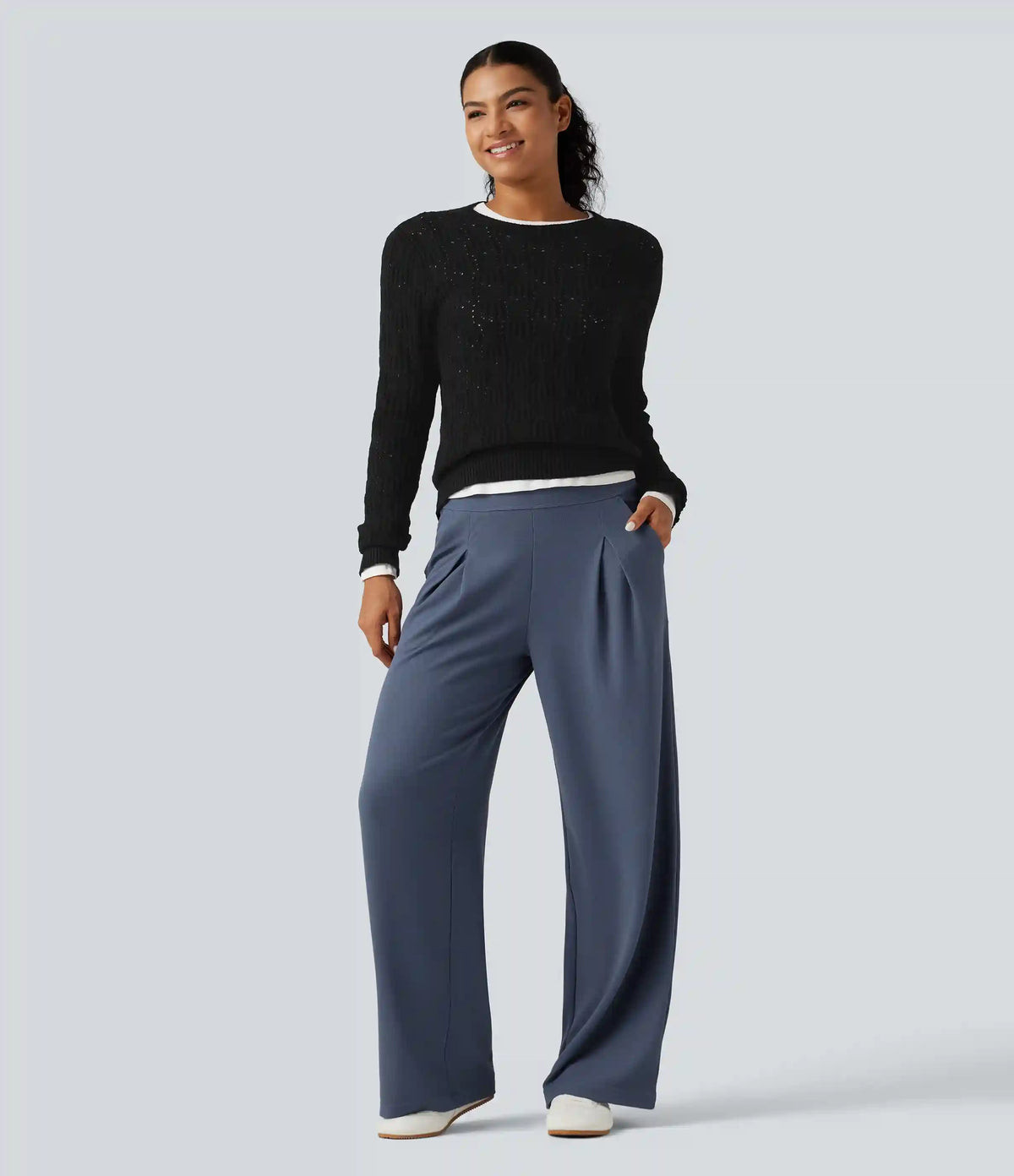 High Waisted Wide Leg Waffle Work Pants with Pockets