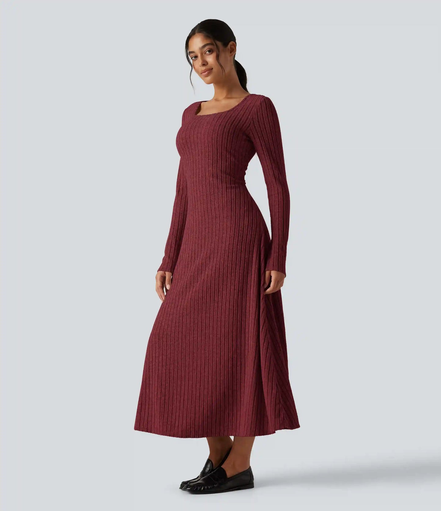 Ribbed Knit U Neck Long Sleeve Midi Casual Dress