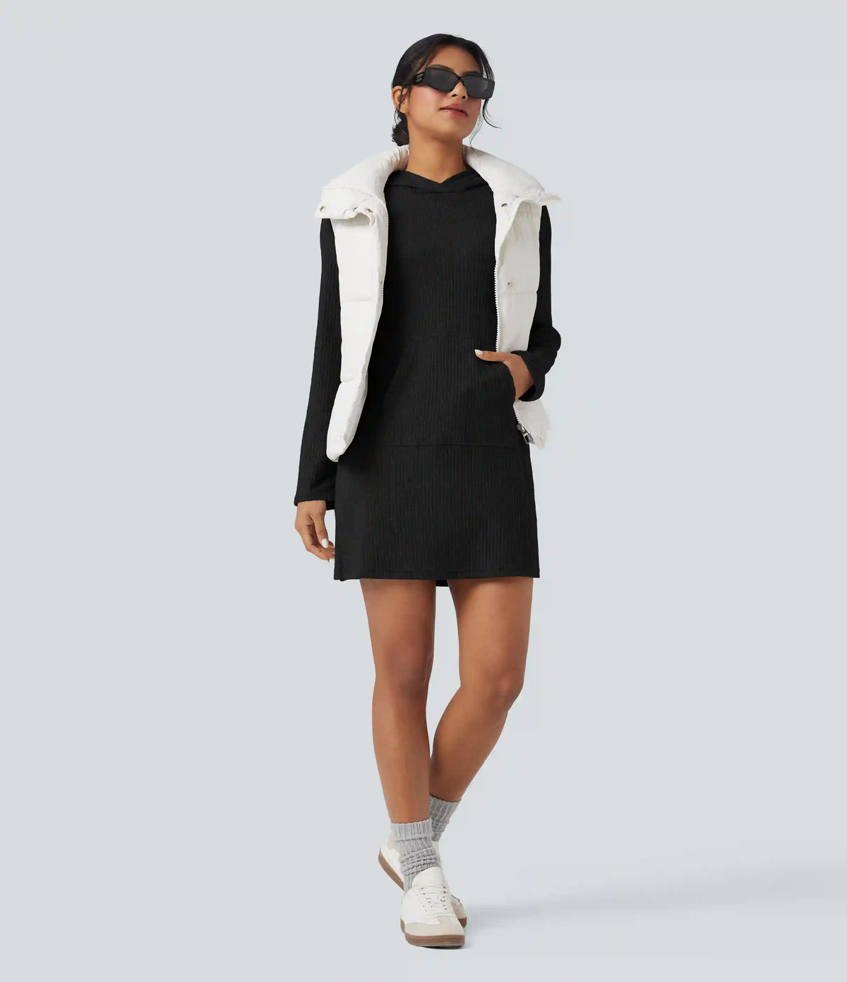 Ribbed Knit Hooded Long Sleeve Mini Hiking Active Dress with Pocket