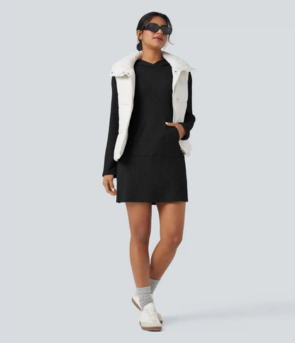 Ribbed Knit Hooded Long Sleeve Mini Hiking Active Dress with Pocket