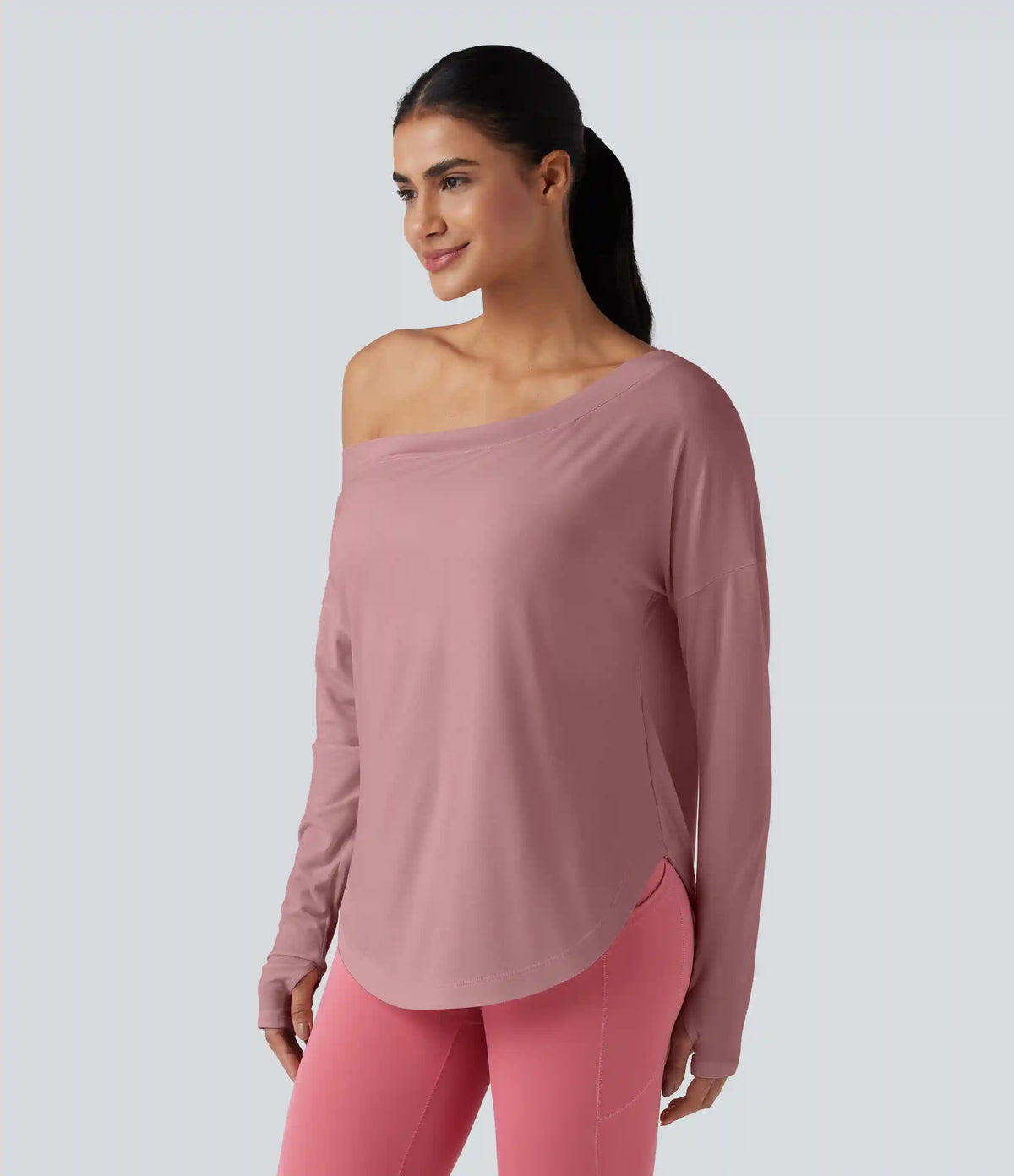 One Shoulder Long Sleeve Thumb Hole Curved Hem High Low Quick Dry Yoga Sports Top-Built-in Bra
