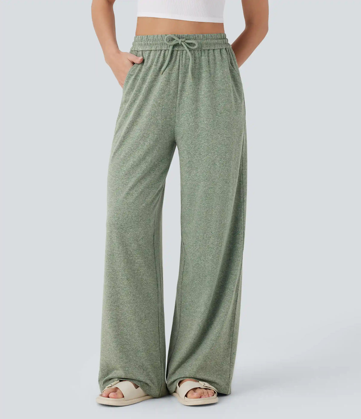 High Waisted Drawstring Pocket Wide Leg Baggy Casual Pants