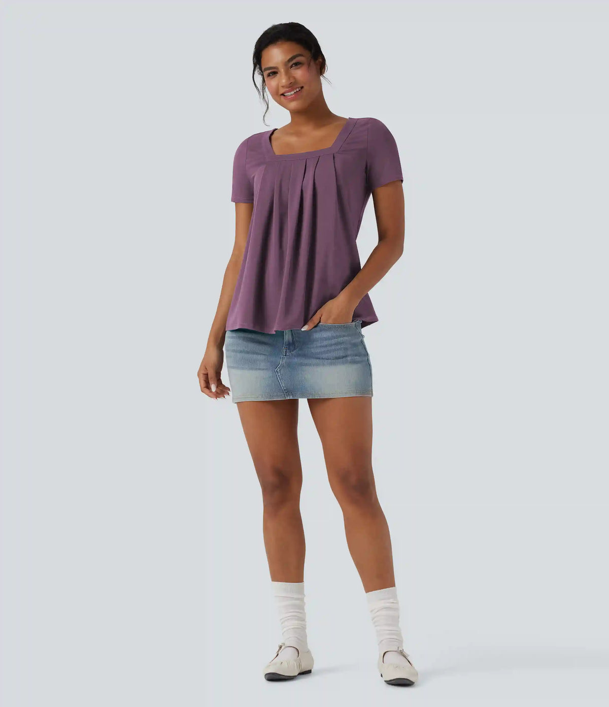 Square Neck Short Sleeve Casual Blouse