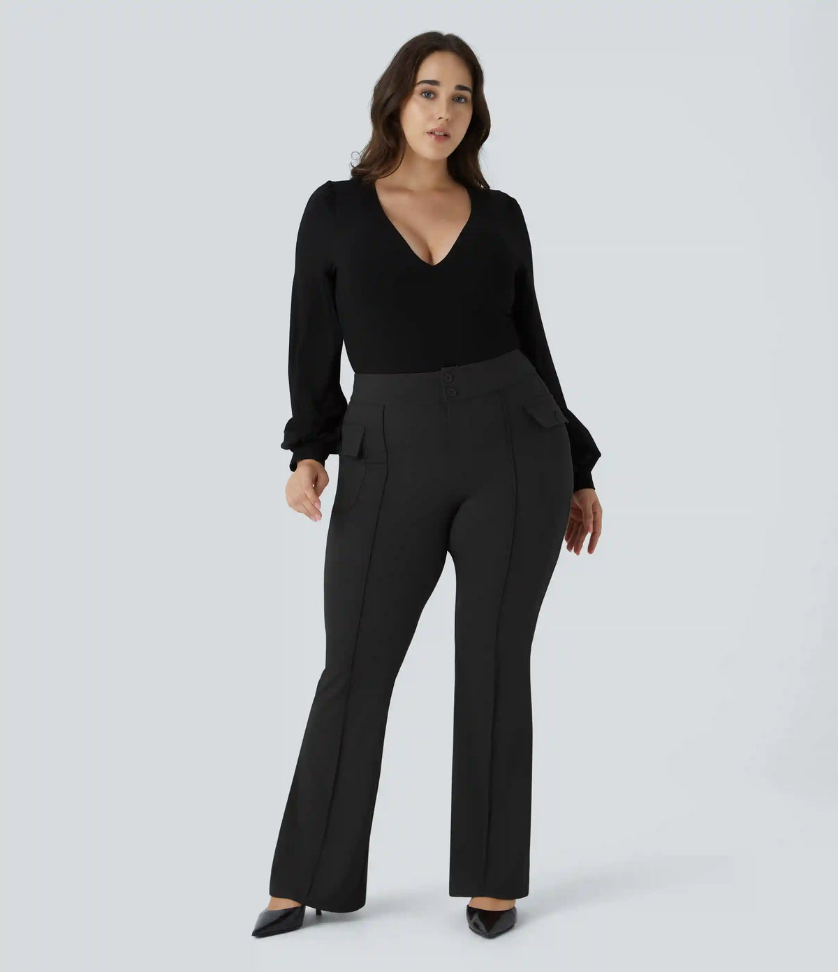 High Waisted Side Flap Pocket Flare Plus Size Casual Cargo Pants