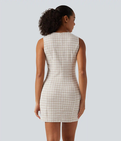 Round Neck Sleeveless Plaid Work Mini Dress