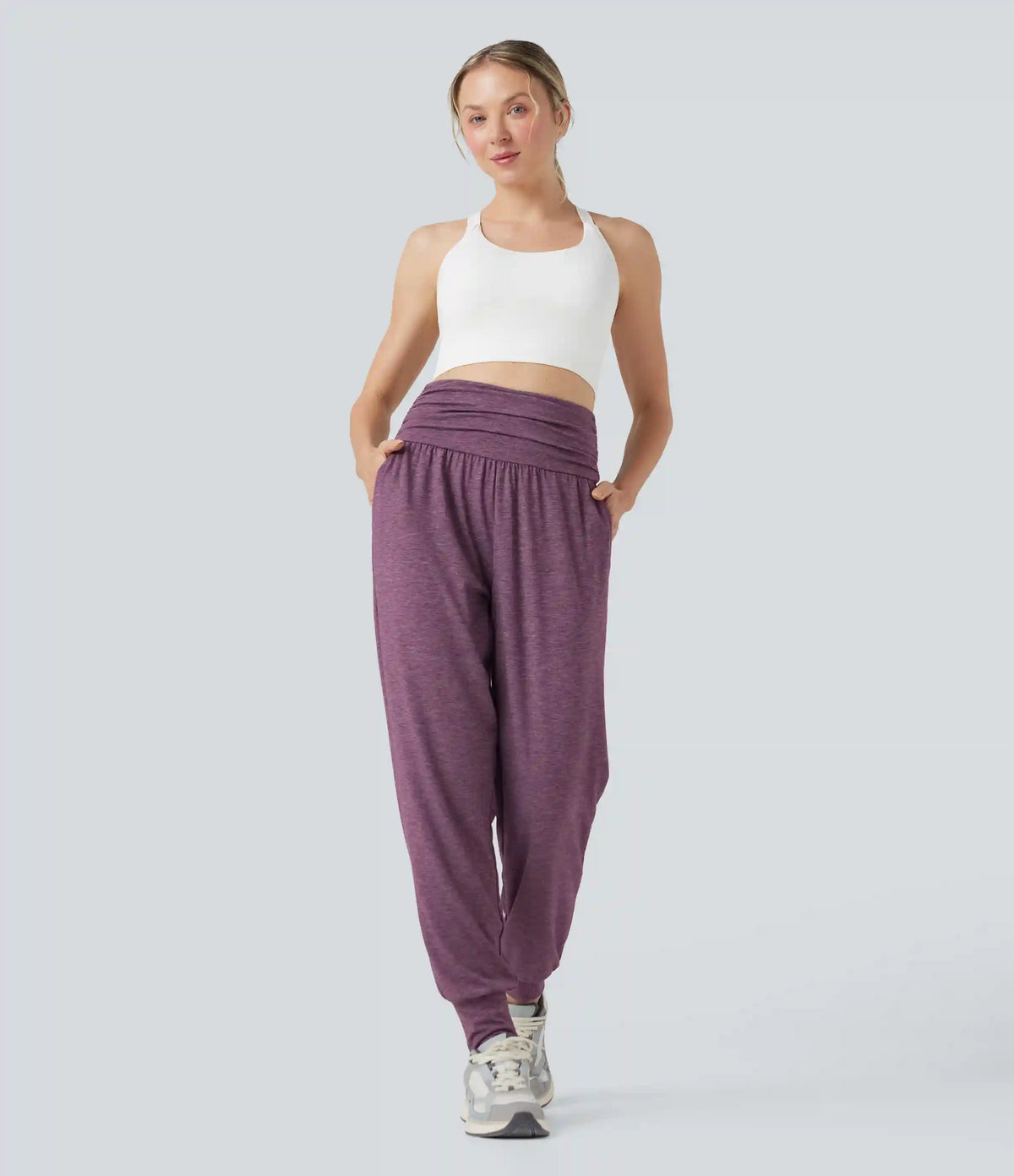 High Waisted Ruched Heathered Yoga Joggers with Pockets