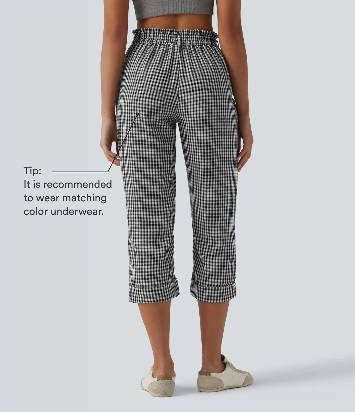 High Waisted Cropped Plaid Casual Linen-Feel Pants with Pockets