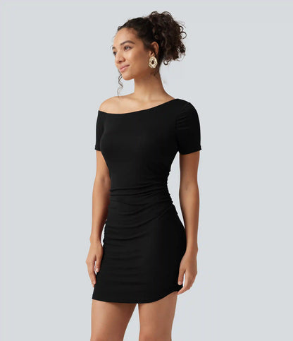 Ribbed One Shoulder Built-in Bra Short Sleeve Bodycon 2-in-1 Mini Casual Dress with Pockets-Easy Peezy Edition