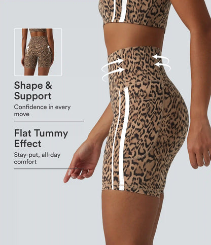 Halara UltraSculpt™ Leopard Print High Waisted Tummy Control Color Block Stripes Training Biker Shorts 7'' with Pockets