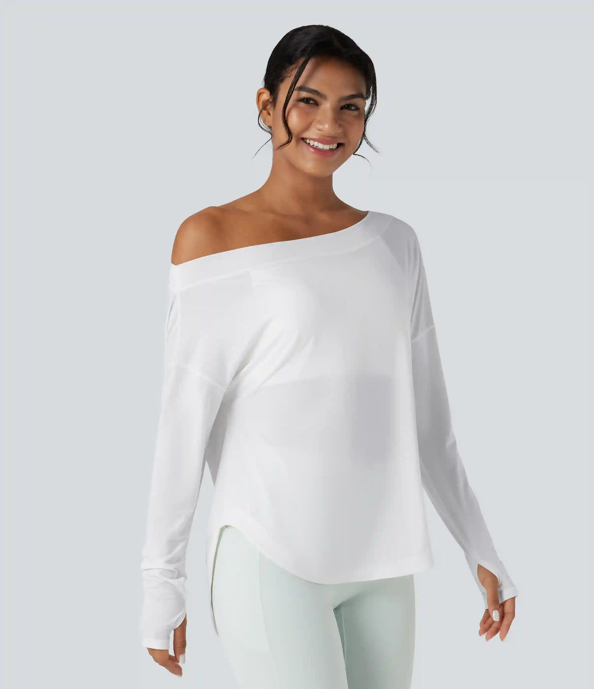 One Shoulder Long Sleeve Thumb Hole Curved Hem High Low Quick Dry Yoga Sports Top-Built-in Bra
