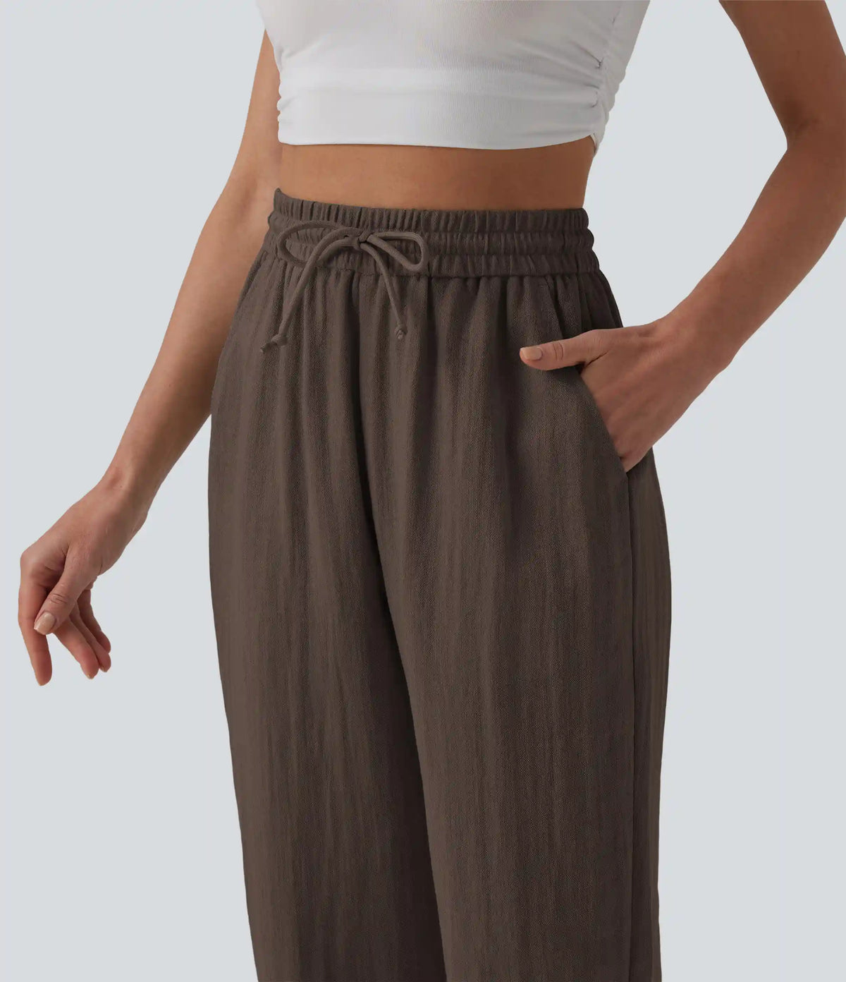 High Waisted Drawstring Wide Leg Casual Linen-Feel Joggers with Pockets