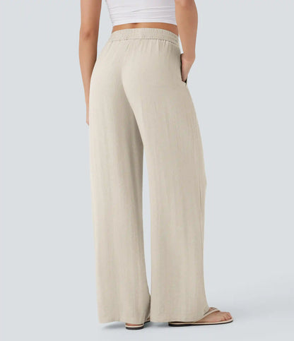 High Waisted Drawstring Pocket Wide Leg Baggy Casual Linen-Feel Pants
