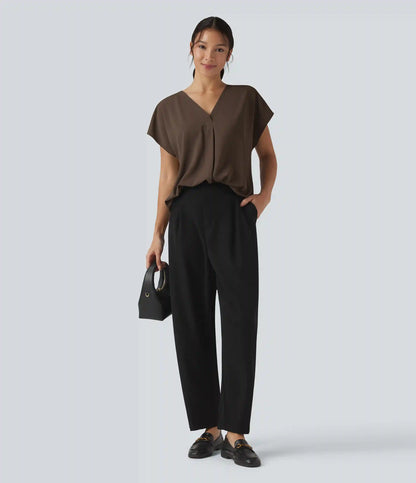 Wrinkle Recovery V-neck Short Sleeve Oversized Work Blouse