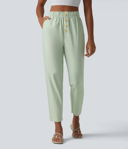 High Waisted Tapered Casual Cotton Linen Pants with Pockets