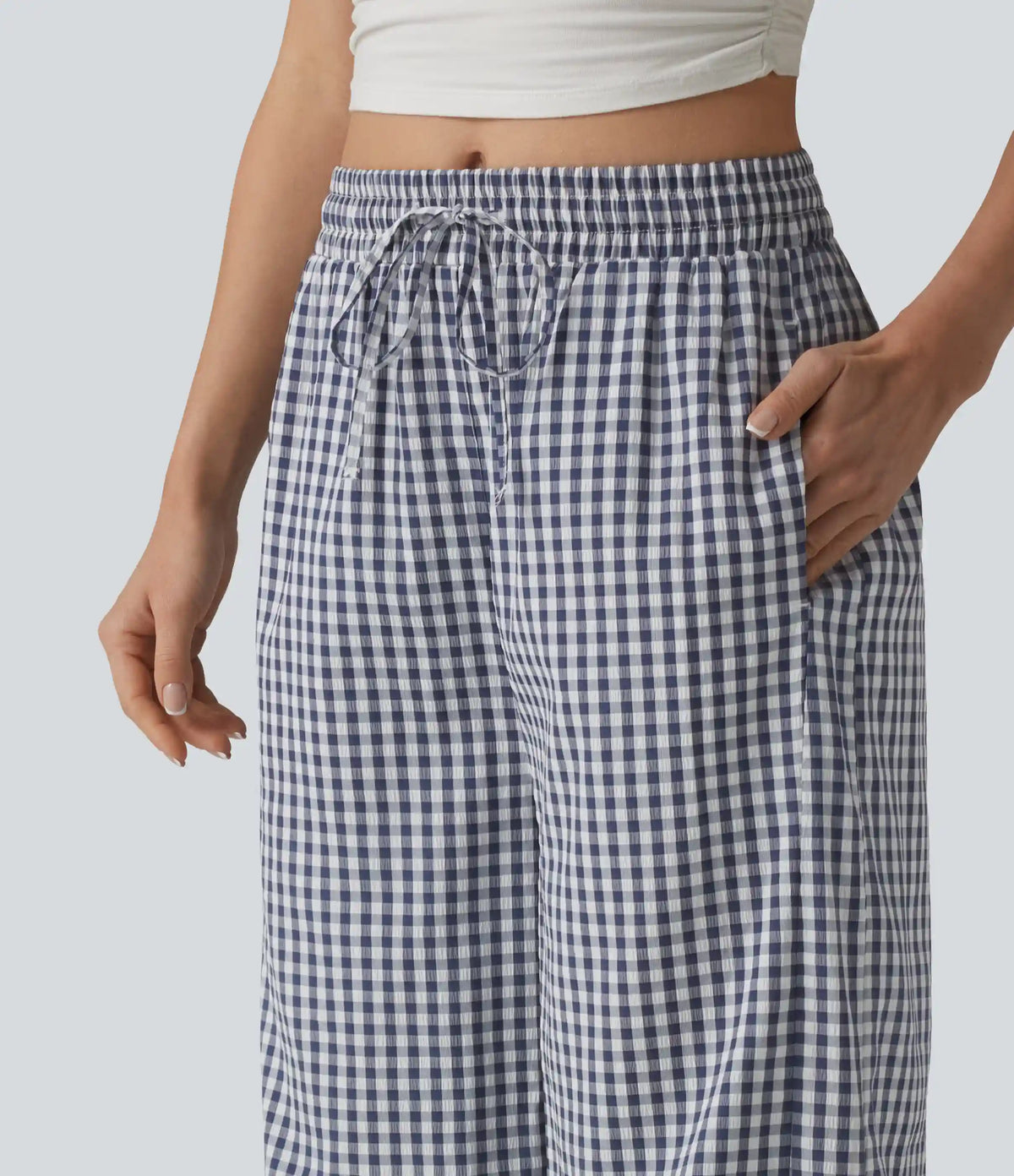 Mid Rise Drawstring Baggy Gingham Casual Pants with Pockets