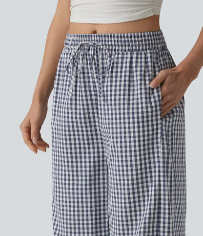 Mid Rise Drawstring Baggy Gingham Casual Pants with Pockets