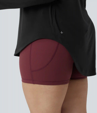 One Shoulder Long Sleeve Thumb Hole Curved Hem High Low Quick Dry Yoga Plus Size Sports Top-Built-in Bra