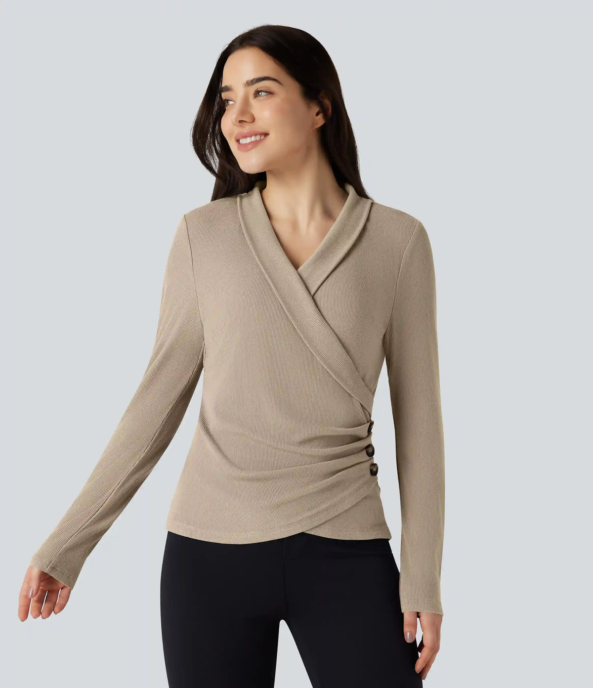 Ribbed Knit V-neck Crossover Long Sleeve Work Top