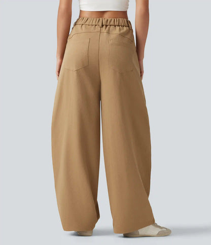 Mid Rise Casual Barrel Leg Pants with Pockets