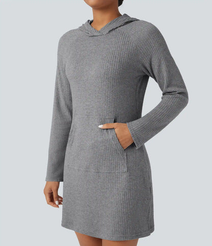Ribbed Knit Hooded Long Sleeve Mini Hiking Active Dress with Pocket