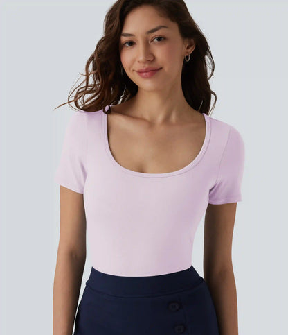 U Neck Short Sleeve Snap Skinny Work Bodysuit