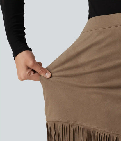 High Waisted A Line 2-in-1 Fringe Hem Asymmetric Mini Suede Party Skirt