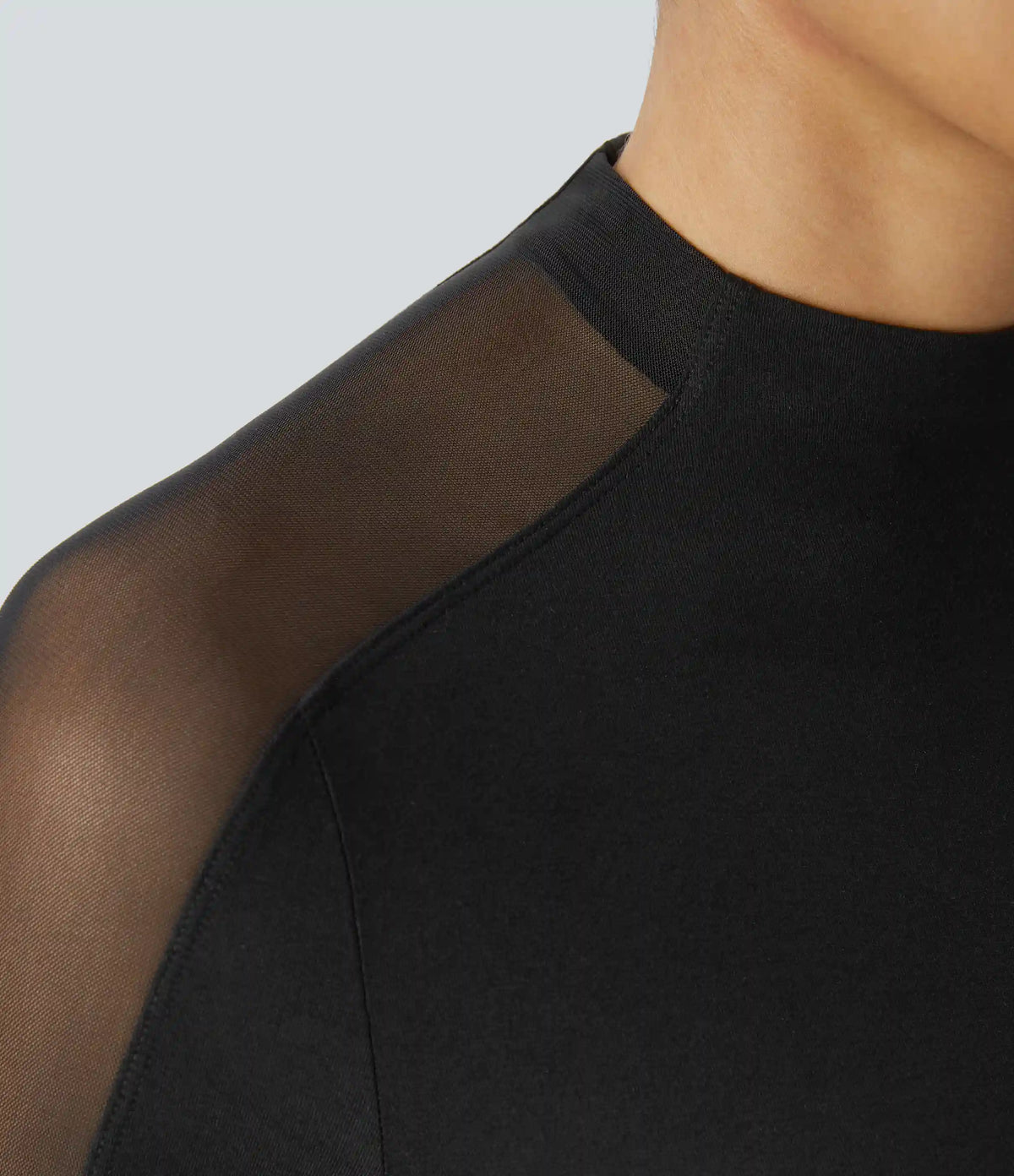 Stand Collar Raglan Long Sleeve Contrast Mesh Skinny Work Top