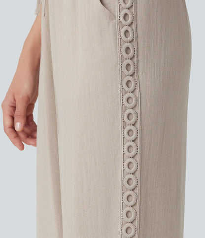 High Waisted Drawstring Casual Linen-Feel Pants with Pockets