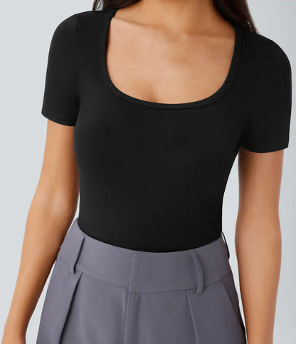 U Neck Short Sleeve Snap Skinny Work Bodysuit
