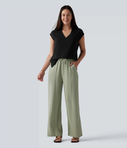 V-neck Sleeveless Split Hem Work Linen-Blend Blouse
